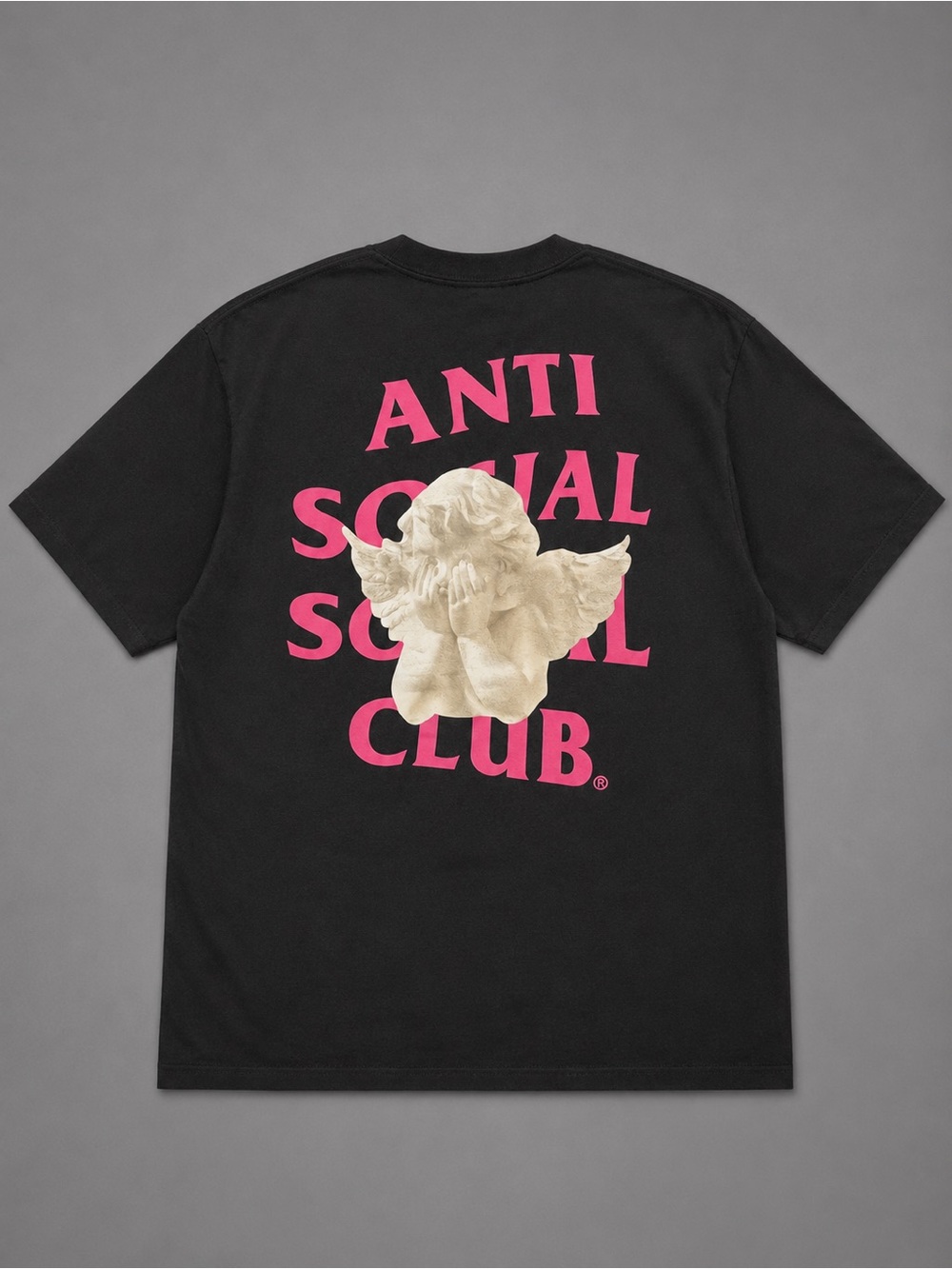 Anti Social Social Club Black Tee with Pink Logo and Cream Angel
